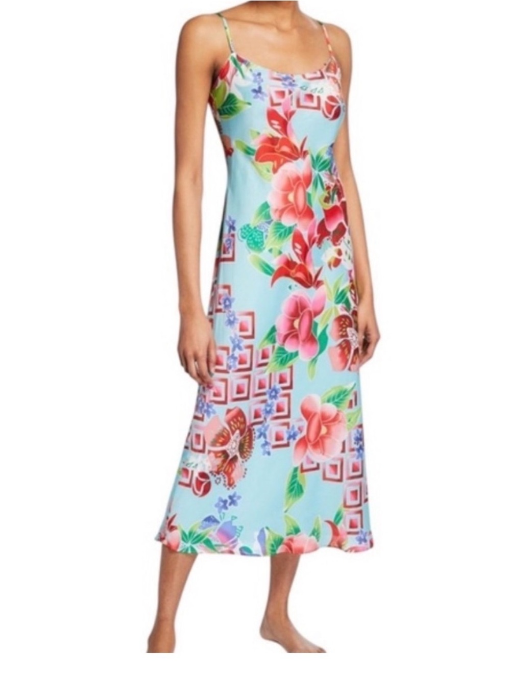 Natori Light Blue Floral Slip Midi Dress with Pink and Red Blooms